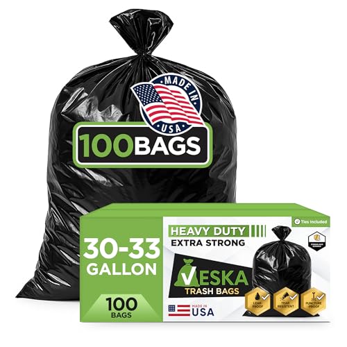 Veska 33 Gallon Trash Bags, (Huge 100 Bags w/Ties) Large Black Garbage Bags 30 Gallon, 32 Gallon, 35 Gallon Trash Can Liners - size: 100 Count (Pack of 1)