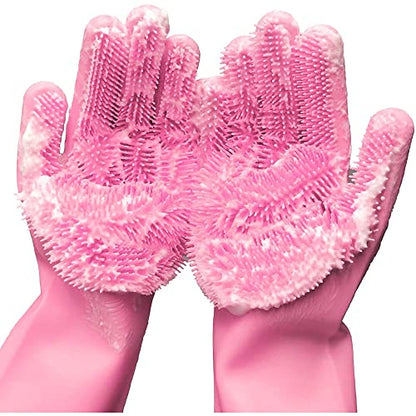 Silicone Dishwashing Gloves with Scrubber Bristles, Food-Grade Cleaning Mitts for Kitchen Dishes, Pet Grooming & Car Wash - color: Light Pink