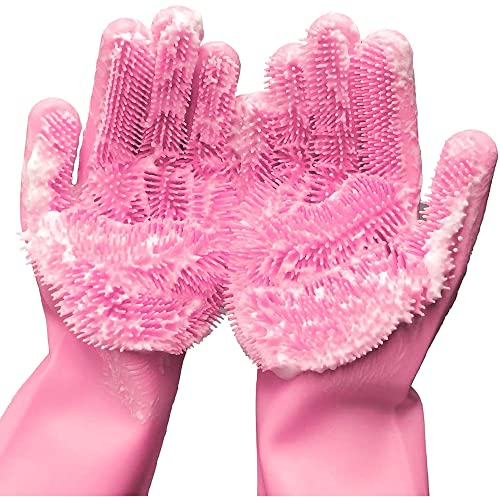 Silicone Dishwashing Gloves with Scrubber Bristles, Food-Grade Cleaning Mitts for Kitchen Dishes, Pet Grooming & Car Wash - color: Light Pink
