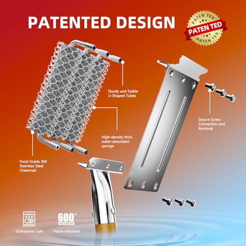 HOUSE AGAIN Grill Brush Bristle Free, Stainless Steel Food-Grade Brush Head with Scraper, Safe Steam BBQ Outdoor Grill Cleaning Brush Barbecue Grill Cleaner Non Wire for Grill Grate/Long Wood Handle - style: Natural Wood