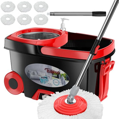 FunClean Spin Mop and Bucket for Home Cleaning, 360° Rotating Floor Mop with Wringer, Adjustable 61" Handle for Back Pain Relief, 6 Microfiber Replacement Heads, 2 Easy-Move Wheels - Black - size: Black Mop Bucket with 6 Extra Refills