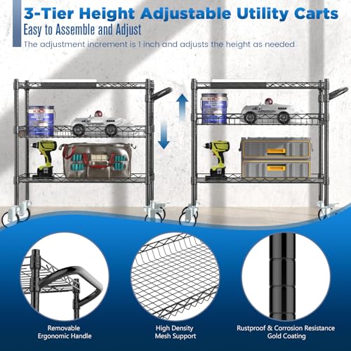 Leteuke 3 Tier Rolling Carts with Wheels, Heavy Duty Rolling Utility Cart,NSF Commercial Grade Metal Cart with Handle&Shelf Liner,Trolley Serving Cart for Kitchen,Restaurant,Plant Display,Black - color: Matte Black