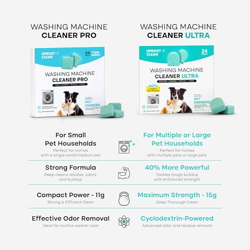 Uproot Clean Washing Machine Cleaner Tablets Ultra - 40% Stronger Formula: Designed for Pet Owners, Remove Residue, Grime & Odors, Compatible with HE, Top & Front Load, 24 Pack - 12 Month Supply - style: Ultra