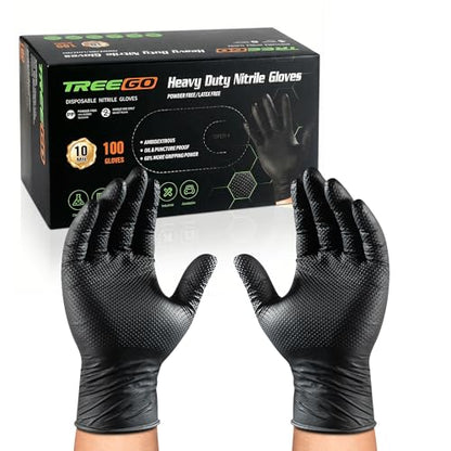 TREEGO 10 Mil Black Nitrile Gloves Heavy Duty — 3D Diamond Texture Grip, Latex Free Disposable Rubber Mechanic Gloves, X-Large, 100 Count - color: Black 100, size: X-Large