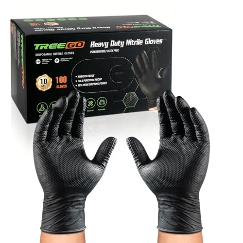 TREEGO 10 Mil Black Nitrile Gloves Heavy Duty — 3D Diamond Texture Grip, Latex Free Disposable Rubber Mechanic Gloves, X-Large, 100 Count - color: Black 100, size: X-Large