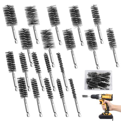 Wayona 20PCS Hand-Twisted Stainless Steel Bore Brush Set & Deep Reaching Wire Brush, 1/4" Hex Shank Drill Attachment for Rust Removal and Cleaning (8,10,13,15,17,19,22,25,28,30mm, Each Size 2Pcs)