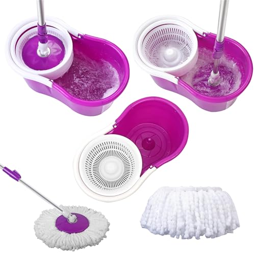 Mopping, 360° Microfiber Spin Mop with Bucket and Dual Mop Heads Self Wringing Spinning Mop Telescoping Handle Easy Floor Mop Floor Cleaning System for Home Kitchen Office Purple (US Stock)