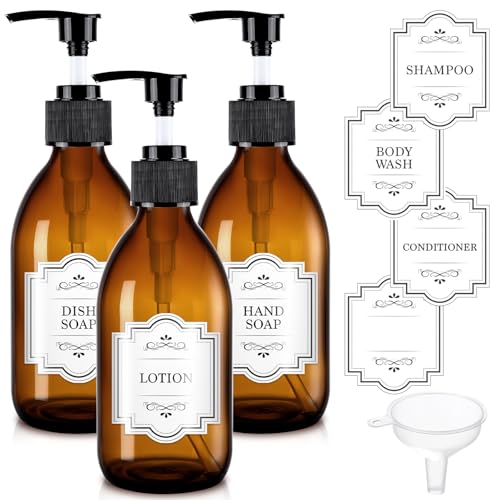 8 oz Amber Glass Soap Dispenser, 250ml Glass Pump Bottle for Body Lotion Massage Oil, Refillable Empty Hand and Dish Soap Dispensers Set with Labels - 3 Pack - color: Amber