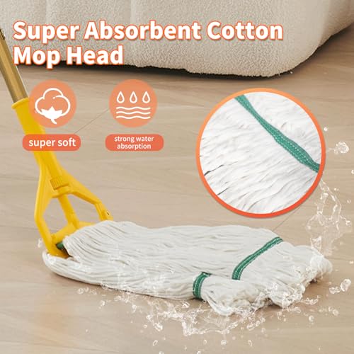 Midoneat Commercial Industrial Heavy Duty Mop with Two Extra Replacement Mop Head,60" Long Handle Looped-End String Wet Cotton Mops for Floor Cleaning