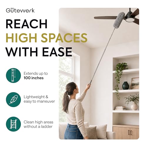 Gütewerk Extendable Microfiber Duster, 100 Inch - Feather Dusters for Cleaning Ceiling Fans, Blinds, Baseboards & High Ceilings - Washable, Electrostatic, 360° Bendable Head, Stainless Steel Pole - color: Gray, size: up to 100 inch