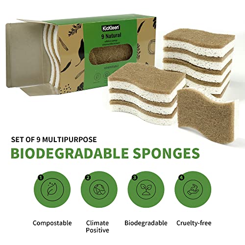 9 Pack Biodegradable Natural Kitchen Sponge - Compostable Cellulose and Coconut Walnut Scrubber Sponge - Eco Friendly Sustainable Sponges for Dishes