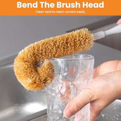 1Pcs Coconut Fibre Brush with Natural Wooden Handle Hangable Kitchen Multifunction Brush Cup Brush Washing Brush for Glass Feeding Bottle Wine Bottle