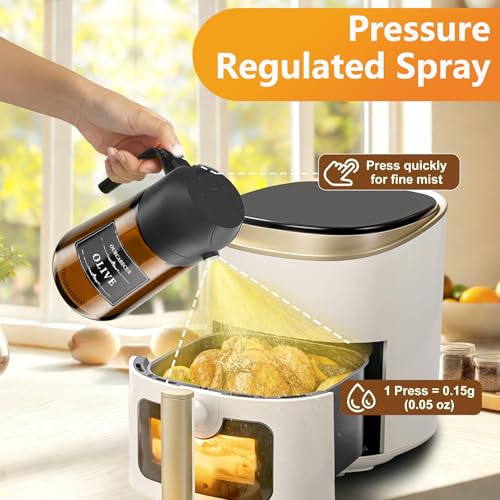 OURCABECUE 2 in 1 Olive Oil Sprayer for Cooking, 16oz/470ml Glass Olive Oil Dispenser Bottle for Kitchen, Light-Blocking Dark Brown Oil Mister with 8 Oil Stickers (Black 2PC) - color: Brown Bottle-Black 2PC