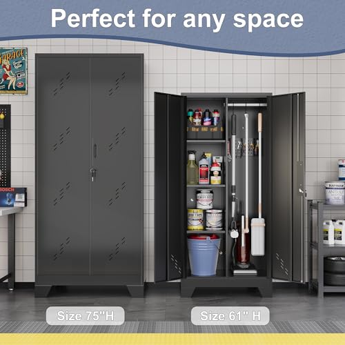 61" Metal Storage Cabinet with Lockable Doors, Cleaning Supply Cabinet with Pegboard and Hanging Rod. Garage Tool Storage Cabinets for Home, Laundry, Office, Home Kitchen Utility Cabinet - size: 61" Cabinet Black