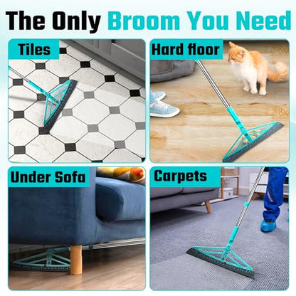 Magic Broom Squeegee Dog Pet Hair Remover, Rotatable, Extendable - Silicone Broom Pet Hair Remover for All-Surfaces Hardwood Floors, Carpet, Tile, Glass, Liquid-Dirt with 60" Handle