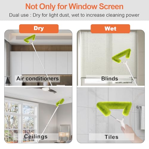 Window Screen Cleaning Brush with 62in Extension Pole, Innovative Fibre Mesh Screen Cleaner for Window Mesh, Patio Screens, Screen Doors, Pool Cage & Fence - Dry or Wet Use