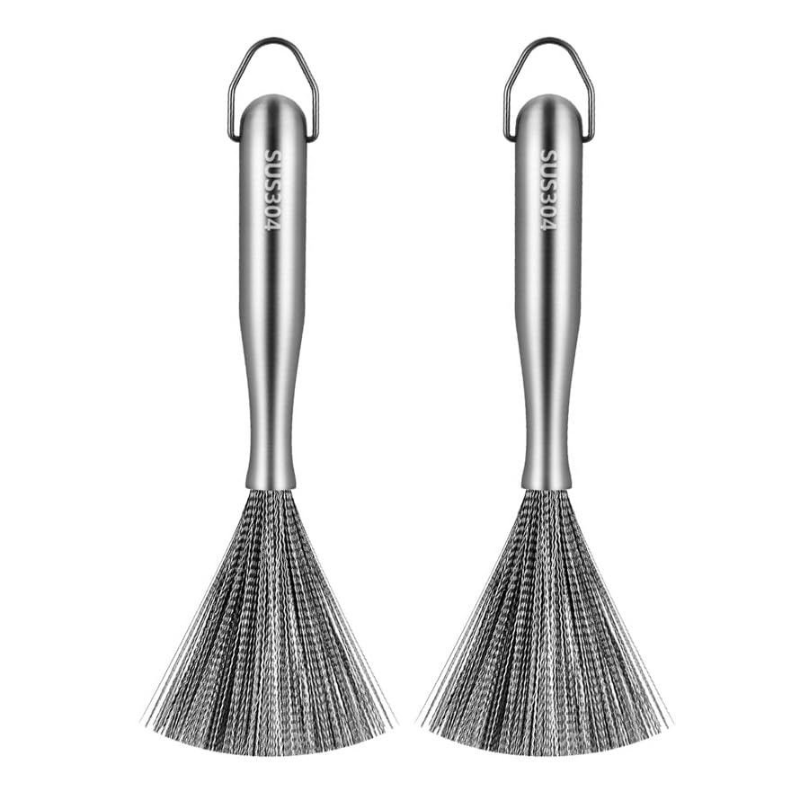 Stainless Steel Dish Brush with Handle, Metal Steel Wool Scrubber for Cast lron, Cookware, Pot(2 PCS) - color: Pcs2