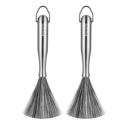 Stainless Steel Dish Brush with Handle, Metal Steel Wool Scrubber for Cast lron, Cookware, Pot(2 PCS) - color: Pcs2