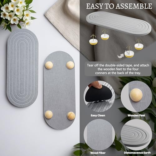 Instant Dry Sink Caddy Organizer, Fast Drying Sink Caddy, Water Absorbing Stone Sponge Holder for Kitchen and Bathroom Countertop with Natural Loofah and Wooden Feet - color: Grey