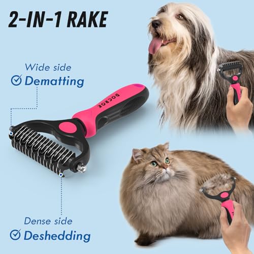 Docrok Pet Grooming Brush & Comb Combo, Cat & Dog Brush for Shedding & Dematting, Undercoat Rake for Long-haired Pets, Pink - color: Pink
