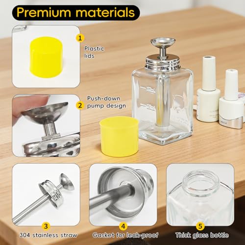 6oz / 180ml Glass Dispenser, Push Down Acetone Pump Alcohol Dispenser with Metal Cover, Nail Polish Remover Liquid Pump Square Bottle Hand Pumping Rubbing Press Container