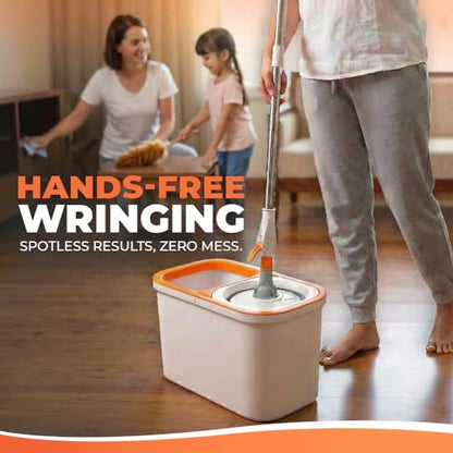 Grazie Spin Mop & Bucket Set - 360° Self-Wringing System, Stainless Steel Handle - Hands-Free Floor Cleaning for Hardwood, Tile, Laminate - Includes 2 Washable Microfiber Mop Head Refills - size: White Mop Bucket + 2 Mop Heads