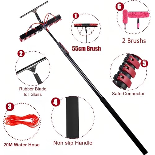 AHWEKR 18ft Water Fed Pole Kit, Rotatable Solar Panel Cleaning Brush & Squeegee, 2 Dusting Brushes, Extendable Black Lightweight Pole for Roof Window,55cm Brush Head - color: 55cm Brush Head, size: 18ft（5.4m）