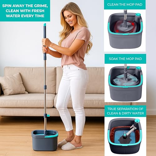 True & Tidy True Clean Spin Mop & Bucket System – Dual Compartment Design for Clean & Dirty Water, 360° Swivel Mop Head, Built-in Scrubbing Brush, Stainless Steel Handle & 2 Reusable Microfiber Pads - size: Spin Mop Standard
