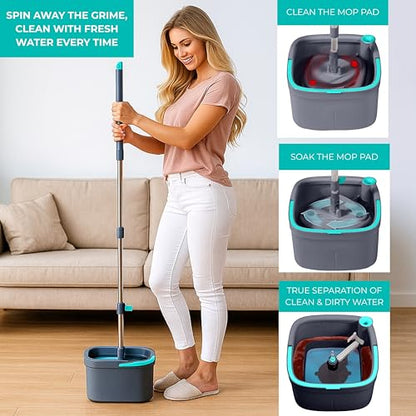 True & Tidy True Clean Spin Mop & Bucket System – Dual Compartment Design for Clean & Dirty Water, 360° Swivel Mop Head, Built-in Scrubbing Brush, Stainless Steel Handle & 2 Reusable Microfiber Pads - size: Spin Mop Standard