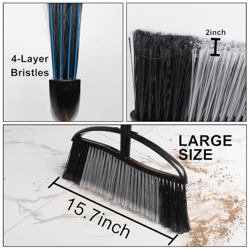 Heavy Duty Outdoor Broom - 15.7" Wide Broom with Long Adjustable Handle & Stiff Bristles for Patio, Garage, Yard, Garden (Black) - color: Black