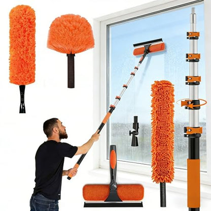 26FT Reach Duster Kit, Window Cleaning with 5-20FT Telescoping Extension Pole, High Ceiling Duster, Microfiber Feather Duster, Cobweb Duster, Window Squeegee, Feather Duster, Extendable Pole Kit - color: Orange, size: 20FT