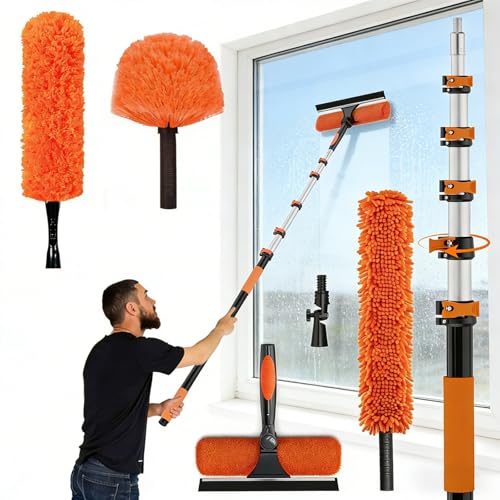 30FT Reach Duster Kit, Window Cleaning with 5-24FT Telescoping Extension Pole, High Ceiling Duster, Microfiber Feather Duster, Cobweb Duster, Window Squeegee, Feather Duster, Extendable Pole Kit - color: Orange, size: 24FT