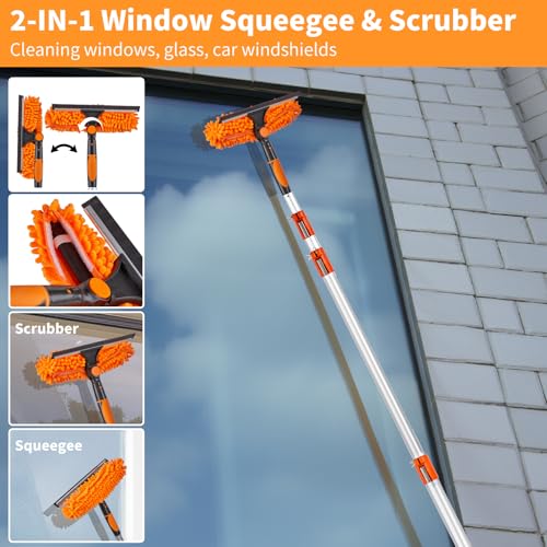Cobweb Duster with Extension Pole, 4-24ft, Window Cleaning Kit, Include Window Squeegee with Cleaner, Microfiber Feather Duster, Spider Web Brush, Reusable & Replaceable, High Ceiling Dusters, Orange - color: Orange-24ft