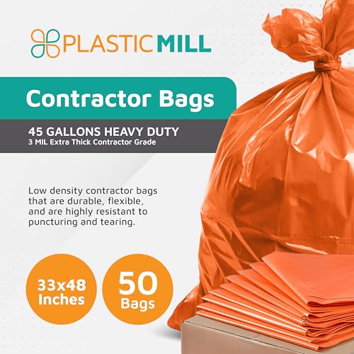 PlasticMill Contractor Bags Heavy Duty - Commercial, Industrial Garbage Bags - Orange Construction Trash Bags - Outdoor, Garden Trash Bags, 42-Gallon, 3 Mil, 33"x48" (50-Count)