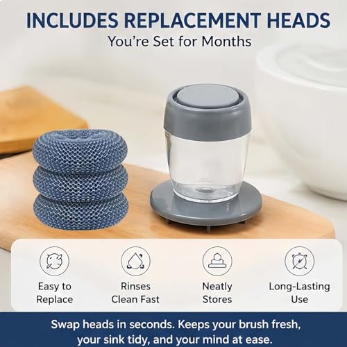 Soap Dispensing Dish Brush, Comfort Grip Kitchen Scrub Brush with Built-in Liquid Dispenser, Includes Replacement Heads, Non-Scratch Nylon/Wire Bristle, Non-Slip Handle (5 Handle, 15Brush Heads) - color: 5 Handle, 15brush Heads