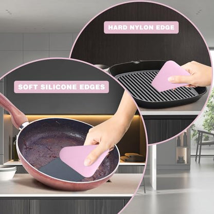 Food Scraper, 2-in-1 Pot and Pan Dish Scraper, Nylon and Silicone, Kitchen Scraper Tools for Cast Iron Skillets, Cookware, Dishes, Pans and Pots, Heat Resistant, Set of 3 - Pink - color: Pink