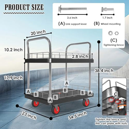 2 Shelf Utility Service Cart- 660lbs Capacity Heavy-Duty Plastic Rolling Utility Carts with 4 of 360° Swivel Wheels and Handle, Large Service Cart for Groceries,Warehouse,Garage 34.6''x 22.8'' - color: 660lbs Capacity