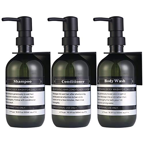 Dispenser Bottle for Bathroom Kitchen Refillable for Shampoo Conditioner Hand Dish Soap Lotion Oil Shower Soap Bottles with Pump, 17oz, 500ml, 3 Pack (with Wall Mount, Jade Green) - color: Jade Green, size: With wall mount