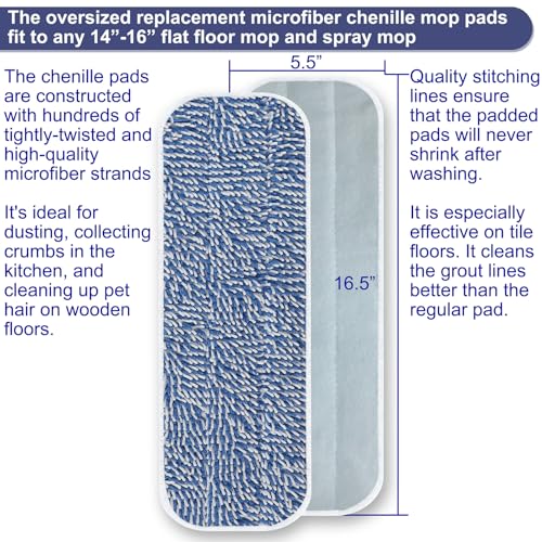 Replacement Mop Pad 16.5''x5.5'' for Floor Cleaning, 5 Pack Chenille Dust Mop Head Refills Attract and Pick Up Pet Hair, Washable Dry Cleaning Pads Compatible with Bona Mop and Most Spray Mops