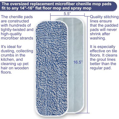 Replacement Mop Pad 16.5''x5.5'' for Floor Cleaning, 5 Pack Chenille Dust Mop Head Refills Attract and Pick Up Pet Hair, Washable Dry Cleaning Pads Compatible with Bona Mop and Most Spray Mops
