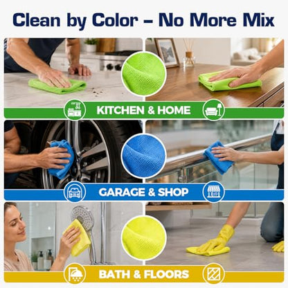 GLIMGLINT Microfiber Cleaning Cloth, 150 Pack Reusable Lint-Free Towels - Blue, Yellow & Green Soft Microfiber Towels for Home, Kitchen, Bathroom, Glass & Tables - 11"x9" Washable Shop Rags - color: Blue/Yellow/Green