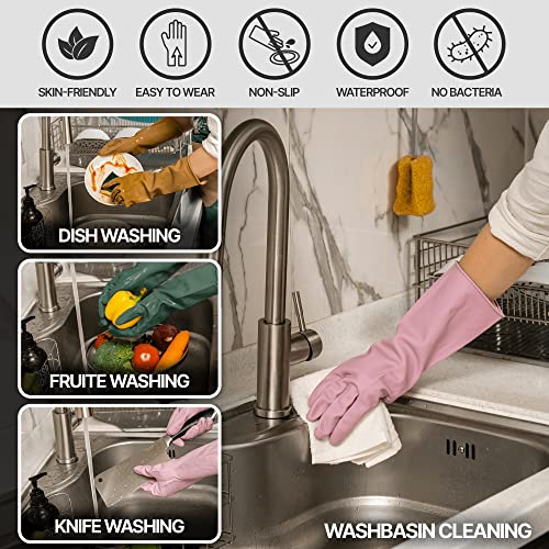 MAMISON 3 Pairs Colorful Reusable Waterproof Household Dishwashing Cleaning Rubber Gloves, Non-Slip Kitchen Glove - size: Large