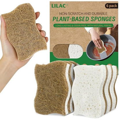 LILAC Natural Cellulose Sponges for Dishes - Ergonomic Non-Scratch Kitchen Scrub Sponges - 100% Biodegradable & Eco-Friendly Cleaning Sponges for Non-Stick Cookware, Bathroom & Household (6 Pack) - size: 6 Pack