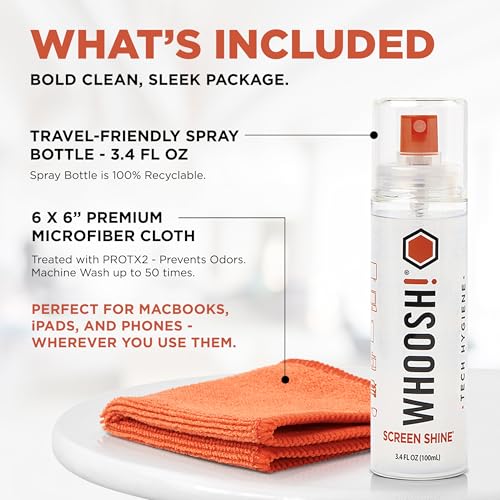 WHOOSH! Screen Shine Go XL - 3.4 fl oz with Microfiber Cloth - Powerful Streak-Free Screen Cleaner Spray and Wipe for MacBook, Laptop, Car, Eyeglasses & Phone - Sleek Bottle for Home, Work or Travel