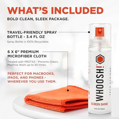 WHOOSH! Screen Shine Go XL - 3.4 fl oz with Microfiber Cloth - Powerful Streak-Free Screen Cleaner Spray and Wipe for MacBook, Laptop, Car, Eyeglasses & Phone - Sleek Bottle for Home, Work or Travel