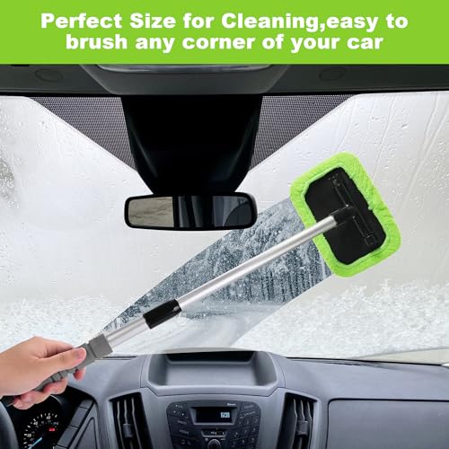 XINDELL Windshield Cleaner Tool – Car Window Cleaning Tool 22inch Extendable Long Handle for Easy Cleaning, 9pcs Reusable Microfiber Pads, Streak-Free Interior & Exterior Auto Glass Cleaner (Green) - size: 22in