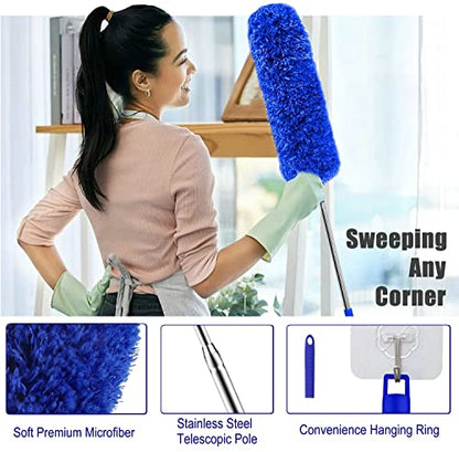 Microfiber Duster Kit High Reach Ceiling Fan Duster with Extendable Pole 100" Telescoping Cobweb Duster for Cleaning, Bendable Head Washable Duster for Ceiling, Fan, Furniture - style: 3PC Duster Kit BLUE