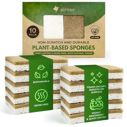 10 Pack Biodegradable Natural Kitchen Sponge - Compostable Cellulose and Coconut Walnut Scrubber Sponge - Eco Friendly Sponges for Dishes - size: 10 Pack