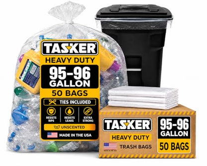 Tasker 95-96 Gallon Trash Bags, (Value Pack 50 Bags w/Ties) Extra Large Heavy Duty Clear Plastic Recycling Trash Bags, 90 Gallon, 95 Gallon, 96 Gallon, 100 Gallon (Clear) - size: 50 Count (Pack of 1)