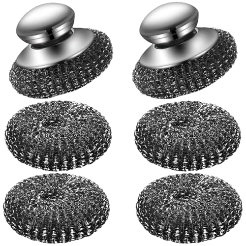 6 Pcs Steel Wool Scrubber Set, Stainless Steel Scrubber with Handled Replacement Metal Wire Pads for Cleaning Dishes, Cast Iron, Stock Pots, Pans, Griddles, Grills